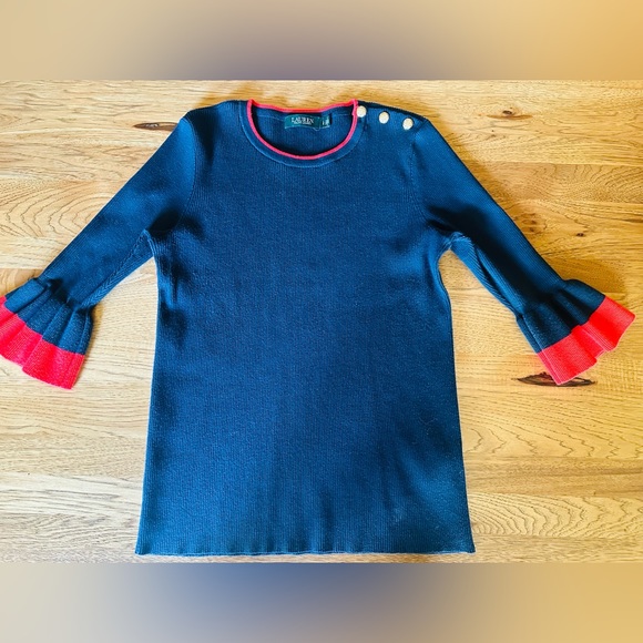 Lauren Ralph Lauren Blue W/ Red Ruffle Sleeve Gold Button Trim Sweater (L) - Picture 1 of 3